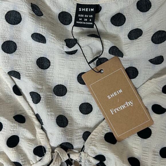 SHEIN Frenchy Polka Dot Print Tie Front Short Puff Sleeve Blouse Sz M - Picture 7 of 12